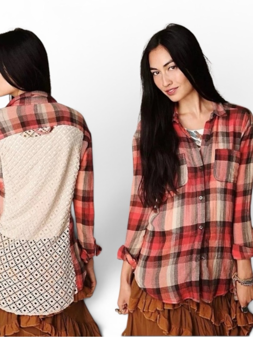 We The Free Rust and Brown Plaid Shirt with Crochet Back Panel